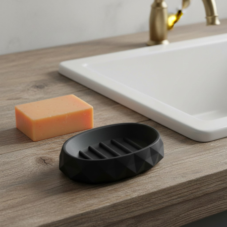 Home & Deco - Savoniera din plastic, model cu margini 3D, 13x9 cm, negru, oval