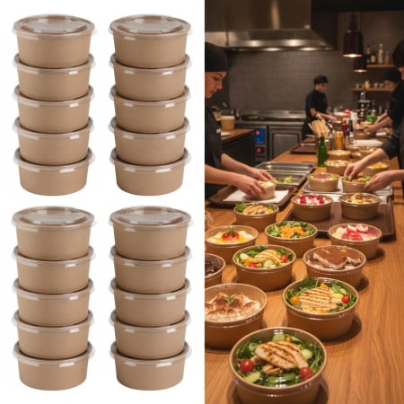 HoReCa - Set 10 buc bol din carton, capac transparent, 750 ml, utilizare Horeca, take away, pentru restaurante, terase sau fast-food-uri