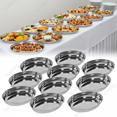 HoReCa - Set 10 buc platou servire, inox, forma ovala, lungime 22 cm, inaltime 4 cm, accesoriu Horeca, restaurante, cafenele, terase, fast-food-uri sau evenimente