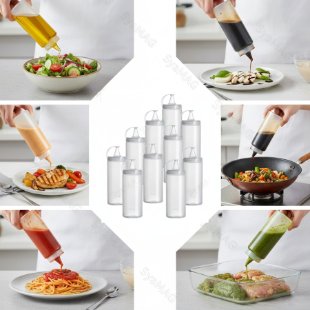 HoReCa - Set 10 buc sticla tip dozator din plastic, semitransparent, cu capac si dop, 700 ml, Ø7x26 cm, pentru sosuri, dressinguri, ulei, otet sau topinguri, accesoriu Horeca, restaurante, cafenele, terase, fa