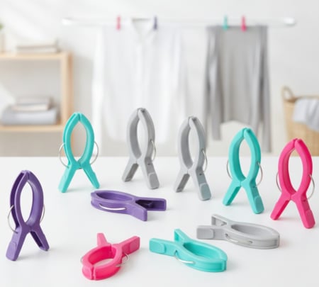 Intretinere textile - Set 10 carlige mari tip clema, pentru uscare rufe si textile voluminoase, 9 cm, arc metalic puternic, fixare sigura, unghi mare de prindere