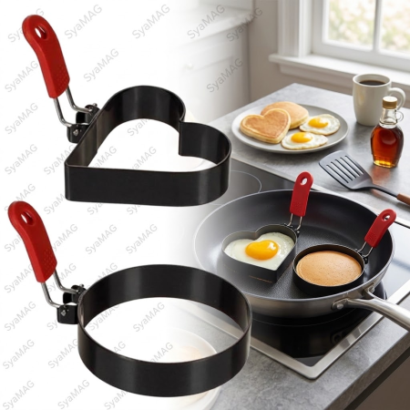 Bucatarie si servire - Set 2 buc forma metalica, pentru oua ochiuri si clatite, modele inima si cerc, maner protectie silicon, Ø 9 cm, H 2 cm