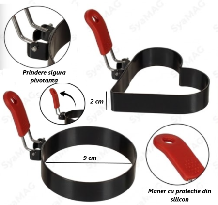 Set 2 buc forma metalica, pentru oua ochiuri si clatite, modele inima si cerc, maner protectie silicon, Ø 9 cm, H 2 cm [1]