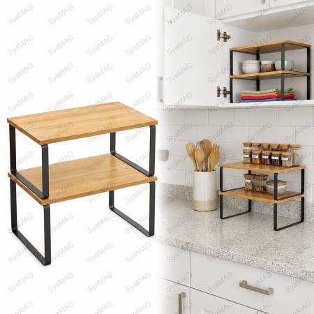 HoReCa - Set 2 buc raft din bambus, structura metalica, 30x18x16 cm, organizare universala, bucatarie, birou, utilizare Horeca, zona servire cafenele, terase sau restaurante