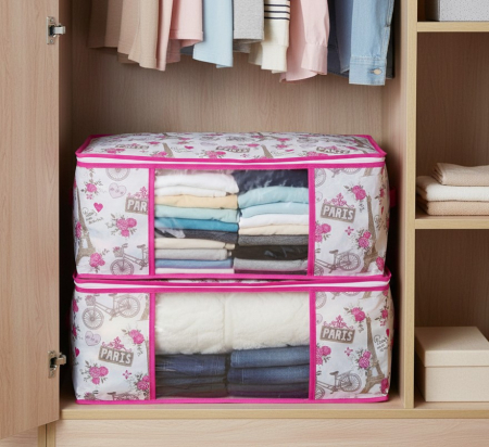 Set 2 huse depozitare imbracaminte, alb/roz, inchidere cu fermoar, 50x35x20 cm, fereastra transparenta [2]