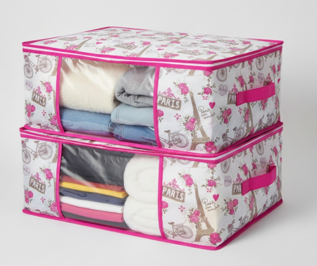 Huse si cutii depozitare - Set 2 huse depozitare imbracaminte, alb/roz, inchidere cu fermoar, 50x35x20 cm, fereastra transparenta