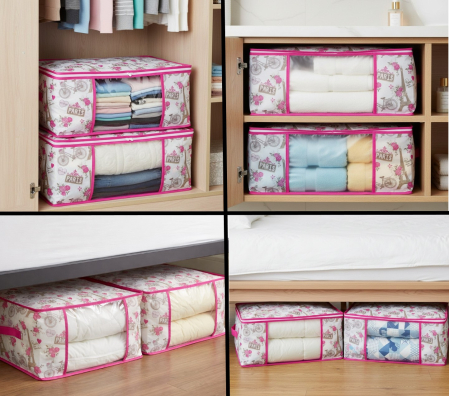 Set 2 huse depozitare imbracaminte, alb/roz, inchidere cu fermoar, 50x35x20 cm, fereastra transparenta [1]