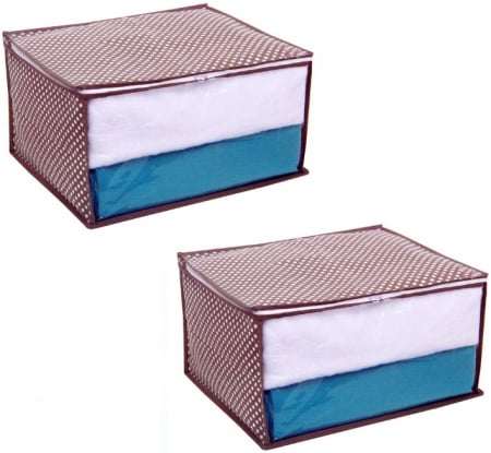 Huse si cutii depozitare - Set 2 huse depozitare haine, inchidere cu fermoar, model maro cu buline, 35x30x20 cm