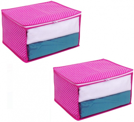 Huse si cutii depozitare - Set 2 huse depozitare haine, inchidere cu fermoar, model roz cu buline, 35x30x20 cm