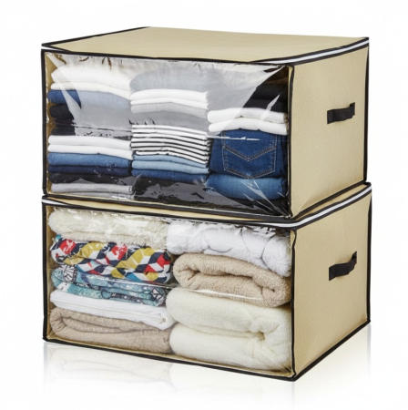 Huse si cutii depozitare - Set 2 huse mari, bej, depozitare haine sau paturi, cu fermoar, 65x55x40 cm, fereastra transparenta