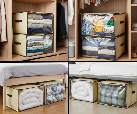 Set 2 huse mari, bej, depozitare haine sau paturi, cu fermoar, 65x55x40 cm, fereastra transparenta [1]