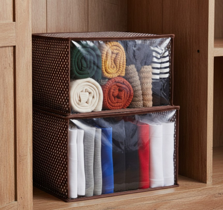 Set 2 huse mici, depozitare haine, inchidere cu fermoar, maro, 35x30x20 cm, fereastra transparenta [3]