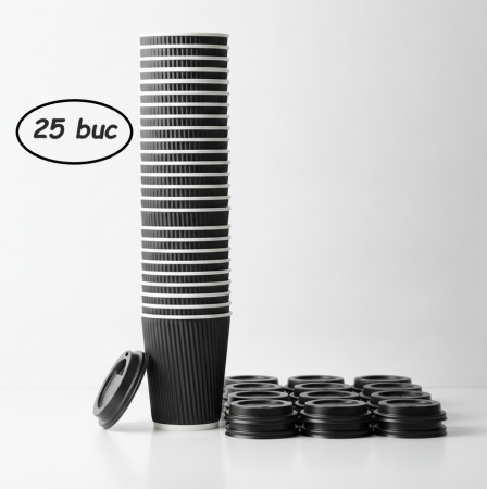 Toate produsele - Set 25 buc pahar din carton, cu capac, 480 ml, model cu dungi striate si intaritura baza superioara, utilizare Horeca, pentru cafenele, terase, hoteluri sau evenimente
