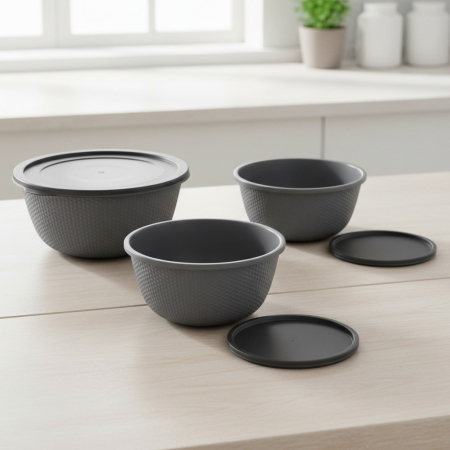 Set 3 boluri din plastic, gri, cu capac etans, 0.5 / 1 / 2 Litri, pentru depozitarea, transportul si servirea alimentelor [1]