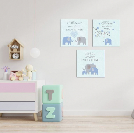 Set 3 tablouri cavas " Familia de elefanti" , 25x25x1cm [1]