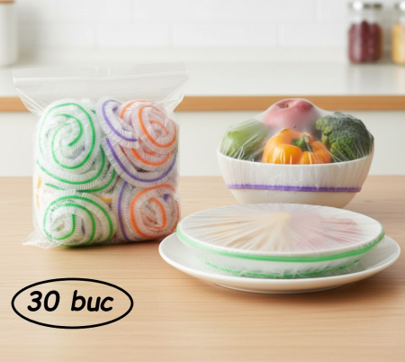 Toate produsele - Set 30 buc capac tip folie elastica, pentru acoperirea si conservarea alimentelor in boluri, farfurii si alte recipiente, 2 marimi, solutie rapida pentru pastrarea alimentelor in frigider sau pe masa