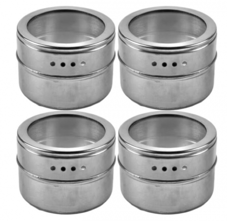 Bucatarie si servire - Set 4 recipiente metalice, magnetice, pentru condimente, 6x4 cm