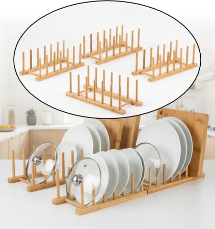 HoReCa - Set 4 buc organizator din bambus, pentru farfurii, capace sau tocatoare, 27x12x8 cm, cu 6 spatii pentru depozitare, utilizare Horeca, restaurante, cafenele, terase, fast-food-uri sau evenimente
