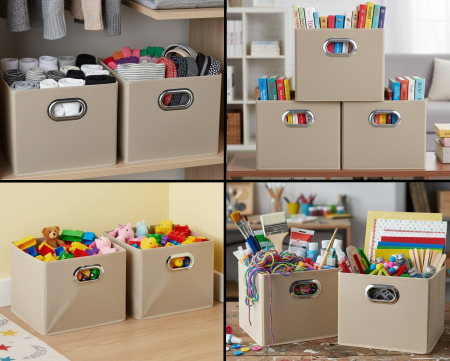 Set 4 cutii mici, cu manere, 20x20x20 cm, bej, utilizare universala [1]