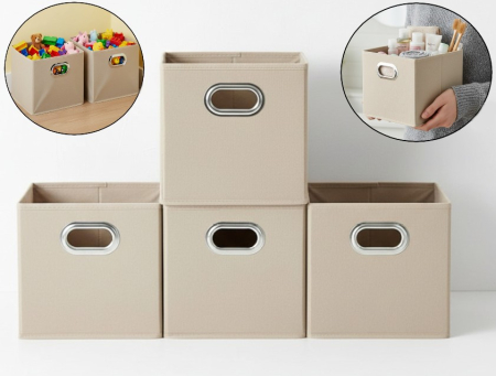 Huse si cutii depozitare - Set 4 cutii mici, cu manere, 20x20x20 cm, bej, utilizare universala