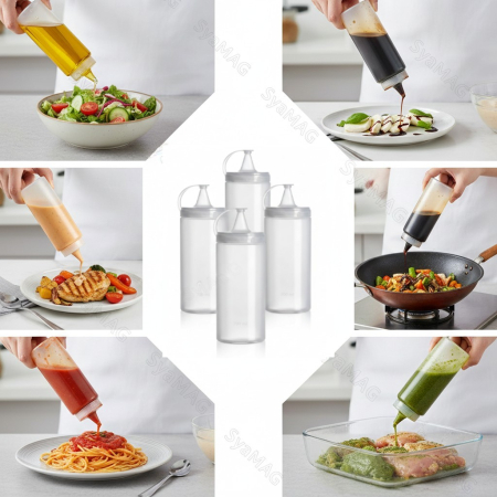 Bucatarie si servire - Set 4 dozatoare transparente, cu capac si dop, 400 ml, 20x6 cm
