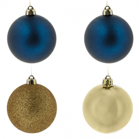 Toate produsele - Set 4 Globuri de Craciun, aurii si albastre, cu glitter, mate si stralucitoare, 8 cm