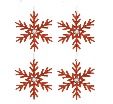 Toate produsele - Set 4 globuri, fulg de nea, slipici rosu, 10 cm