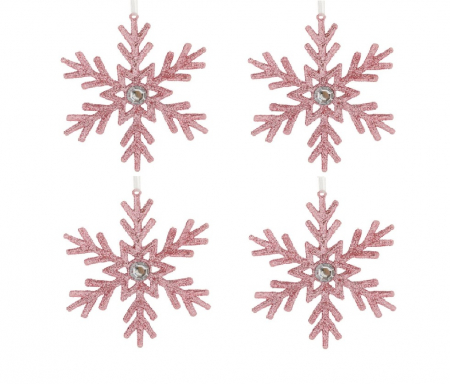 Toate produsele - Set 4 globuri, fulg de nea, slipici roz, 10 cm