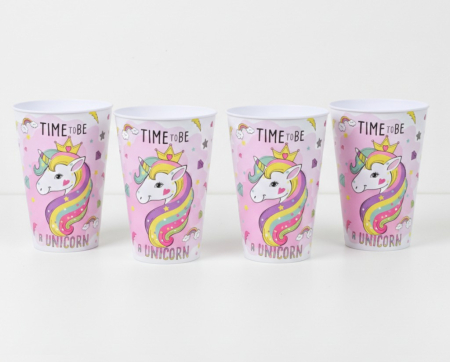 Home & Deco - Set 4 pahare din plastic, reutilizabile, model unicorn, 400 ml