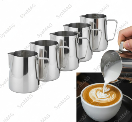 HoReCa - Set 5 buc cana spumare lapte, inox, capacitate 350 ml, gradatie 300 ml, accesoriu Horeca, pentru restaurante, cafenele, terase, hoteluri sau evenimente