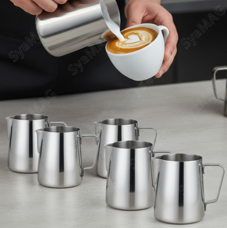 Set 5 buc cana spumare lapte, inox, capacitate 350 ml, gradatie 300 ml, accesoriu Horeca, pentru restaurante, cafenele, terase, hoteluri sau evenimente [1]