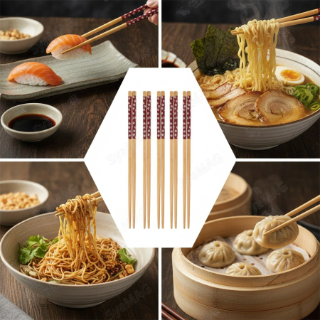 Set 5 perechi betisoare chinezesti, chopsticks, din bambus, 24 cm, bej/rosu, utilizare universala, Horeca, pentru restaurante, terase, fast-food-uri sau evenimente [2]