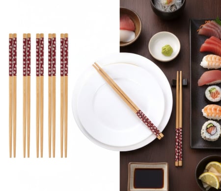 HoReCa - Set 5 perechi betisoare chinezesti, chopsticks, din bambus, 24 cm, bej/rosu, utilizare universala, Horeca, pentru restaurante, terase, fast-food-uri sau evenimente