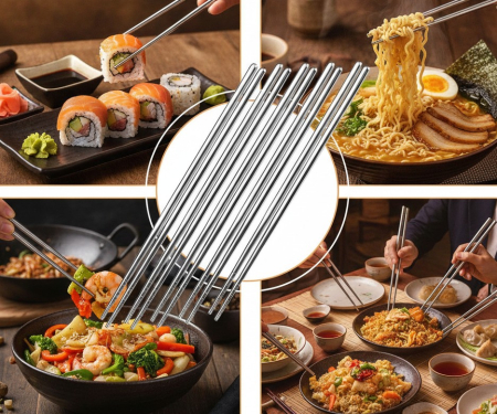 Home & Deco - Set 5 perechi betisoare chinezesti, chopsticks, elegante, din inox, 22.5 cm, utilizare universala, Horeca, pentru restaurante, terase, fast-food-uri sau evenimente