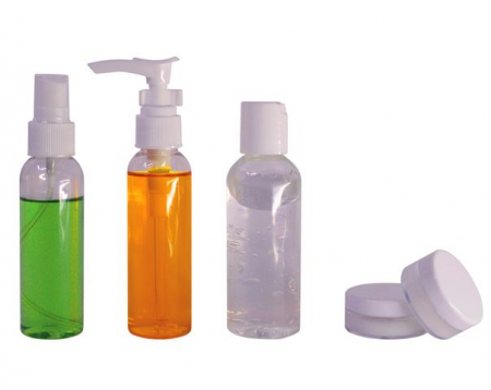 Organizare cosmetice si bijuterii - Set 5 recipiente calatorie, din plastic, transparente, cu gentuta