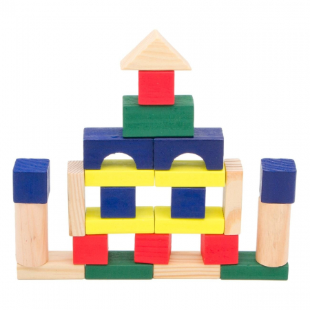 Jocuri si jucarii interactive - Set 50 cuburi din lemn pentru construit in galeata