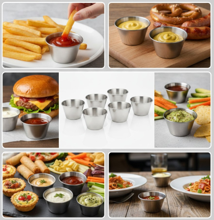 Home & Deco - Set 6 buc recipient mic pentru sosuri, mustar sau ketchup, 75 ml, inox, utilizare Horeca, pentru restaurante, terase, fast-food-uri sau evenimente