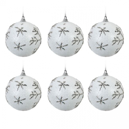 Toate produsele - Set 6 globuri de Craciun, albe argintii, model cu fulgi de nea, 8 cm