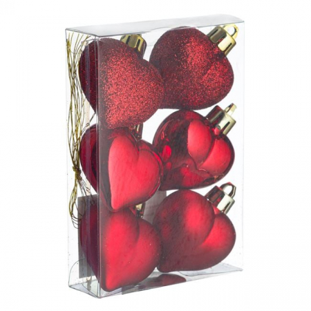 Craciun – Decoratiuni, costume si accesorii festive - Set 6 globuri de Craciun, model inimi rosii, mate si stralucitoare, 5 cm