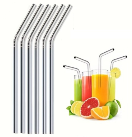 HoReCa - Set 6 paie reutilizabile, curbate, otel inoxidabil, Ø6x215 mm, rezistente la coroziune si oxidare