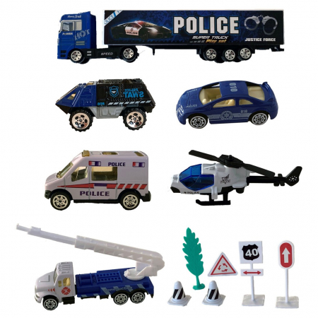 Jocuri si jucarii interactive - Set 6 vehicule metalice politie cu accesorii, scala 1:87