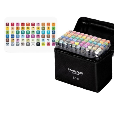 Jocuri si jucarii interactive - Set 60 markere, pe baza de ulei, dublu capat, 1mm si 6 mm, geanta depozitare, 15 cm