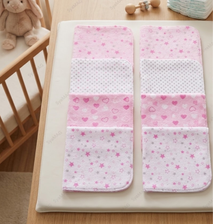 Set 8 buc prosop bebe, model cu stelute si inimioare, Roz/Alb, 25x25 cm, 80% Bumbac / 20% Poliester [1]