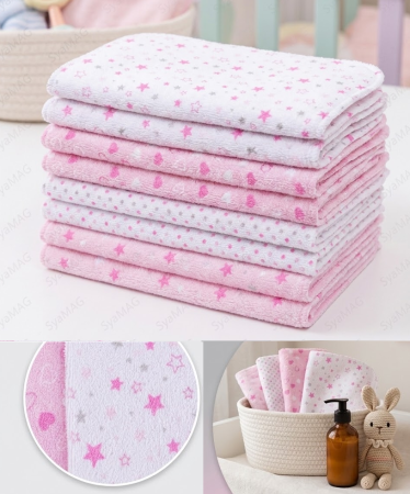 Toate produsele - Set 8 buc prosop bebe, model cu stelute si inimioare, Roz/Alb, 25x25 cm, 80% Bumbac / 20% Poliester