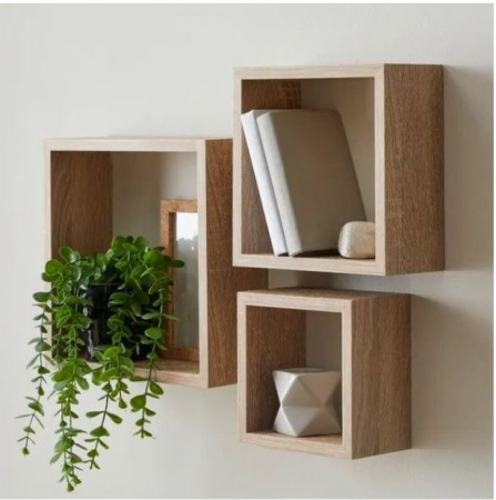 Set de 3 polite suspedate in forma de cub, stejar [1]