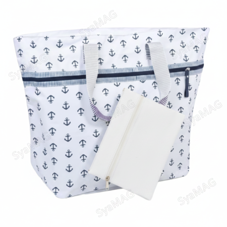 Genti de plaja - Set geanta de plaja cu portfard, model cu ancore, 59x22x37 cm
