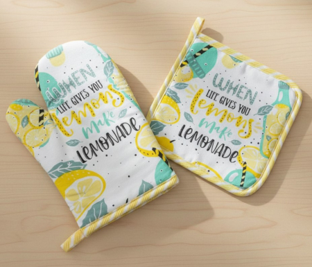 Bucatarie si servire - Set manusa si servet termic, pentru bucatarie, bumbac/poliester, model verde/galben
