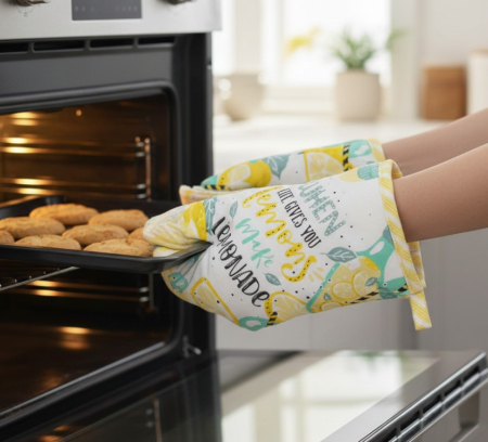 Set manusa si servet termic, pentru bucatarie, bumbac/poliester, model verde/galben [2]