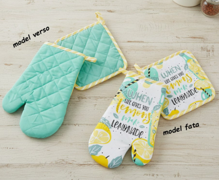 Set manusa si servet termic, pentru bucatarie, bumbac/poliester, model verde/galben [3]