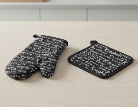 Bucatarie si servire - Set manusa si servet termic, pentru bucatarie, bumbac/poliester, model negru cu mesaj